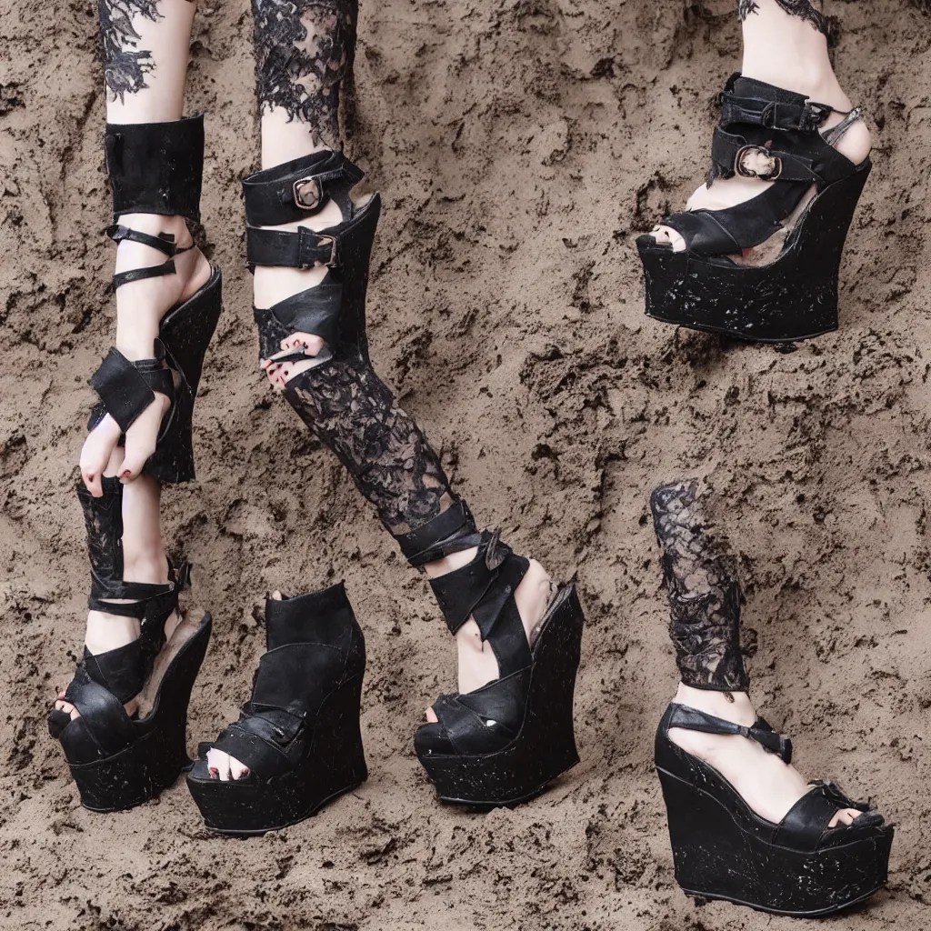gothic style platform wedges in the mud Stable Diffusion