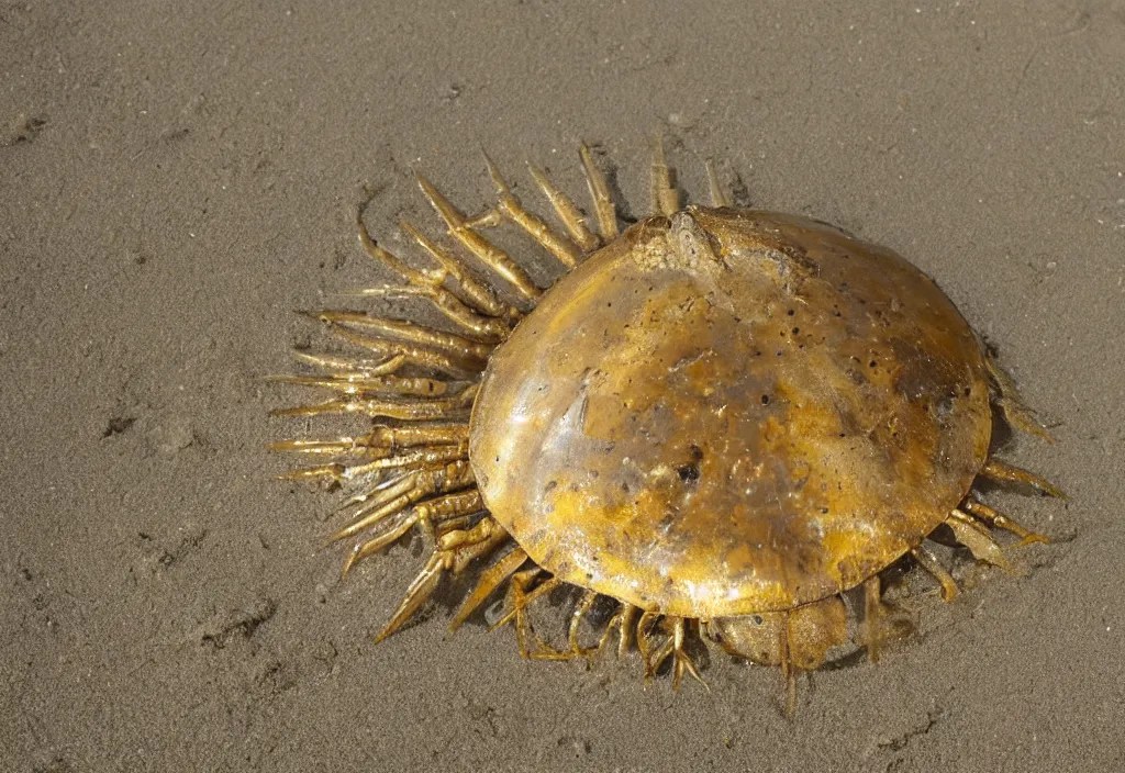 A photo of a horseshoe crab made of gold in the beach Stable