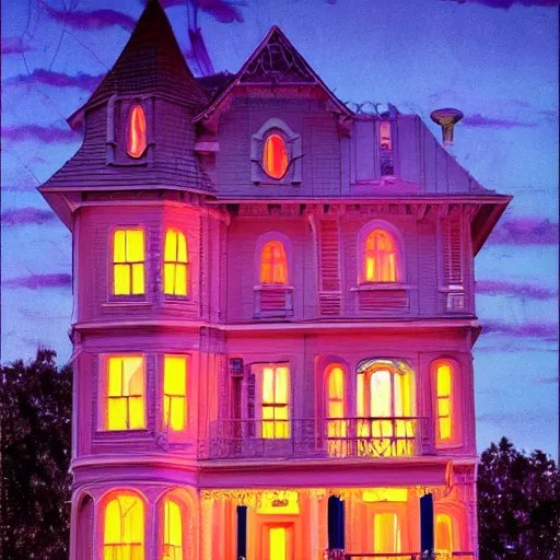 Pink Palace, Coraline, Victorian house, at night, Stable Diffusion