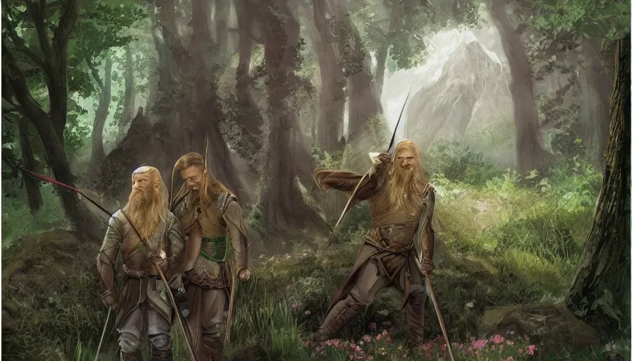 gimli and legolas in lothlorien, being friends, Stable Diffusion