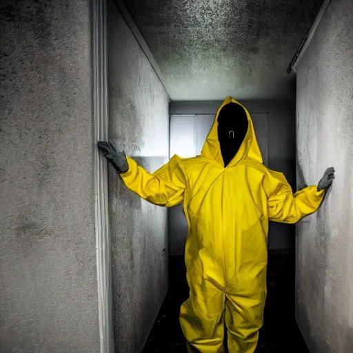 a man wearing a yellow hazmat suit inside the very Stable Diffusion