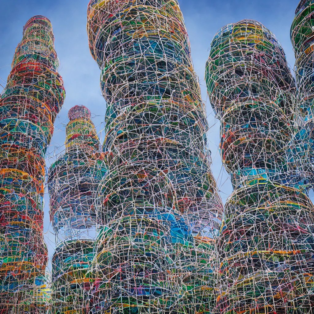 circular towers, made up of colourful makeshift Stable Diffusion