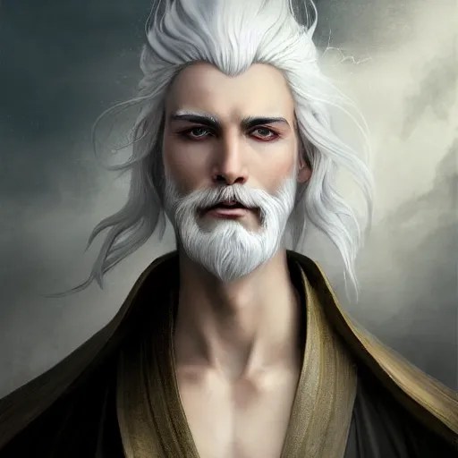 white haired robe fu xi full male body portrait, sit Stable Diffusion