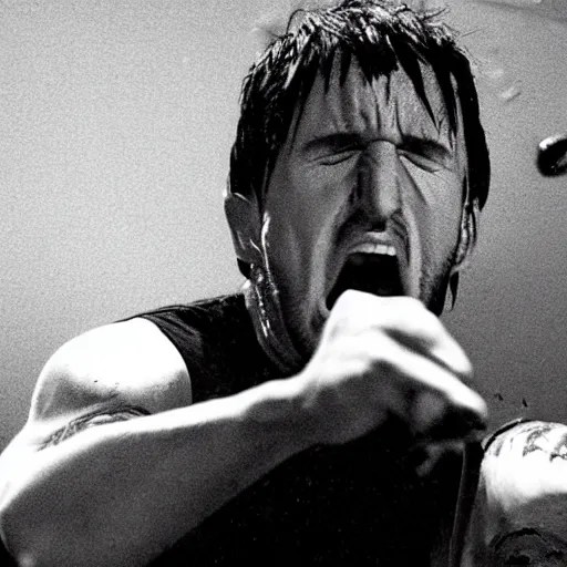 Trent Reznor screaming and smashing a guitar on a Stable Diffusion