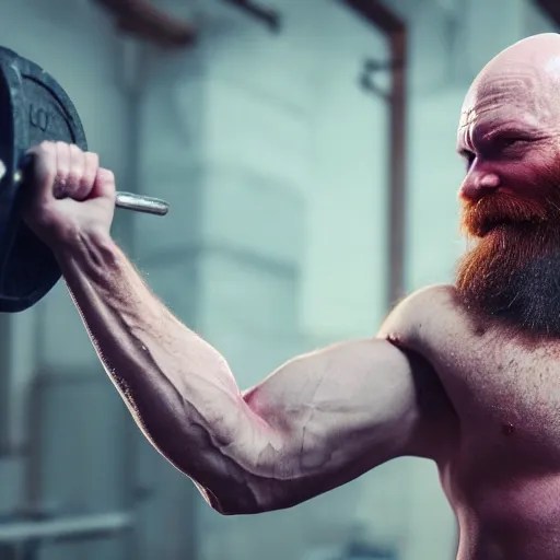 Bald man with long red beard lifting weights, Stable Diffusion OpenArt