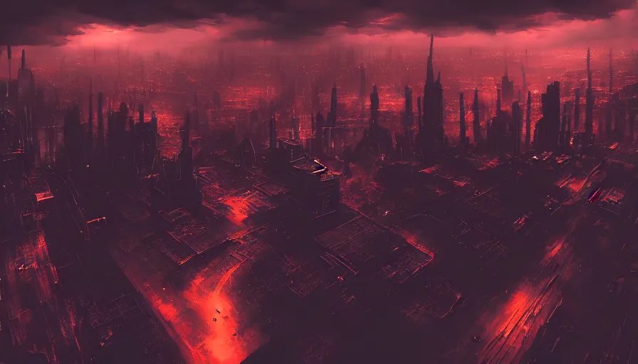 aerial view of dark cyberpunk city with clouds, Stable Diffusion