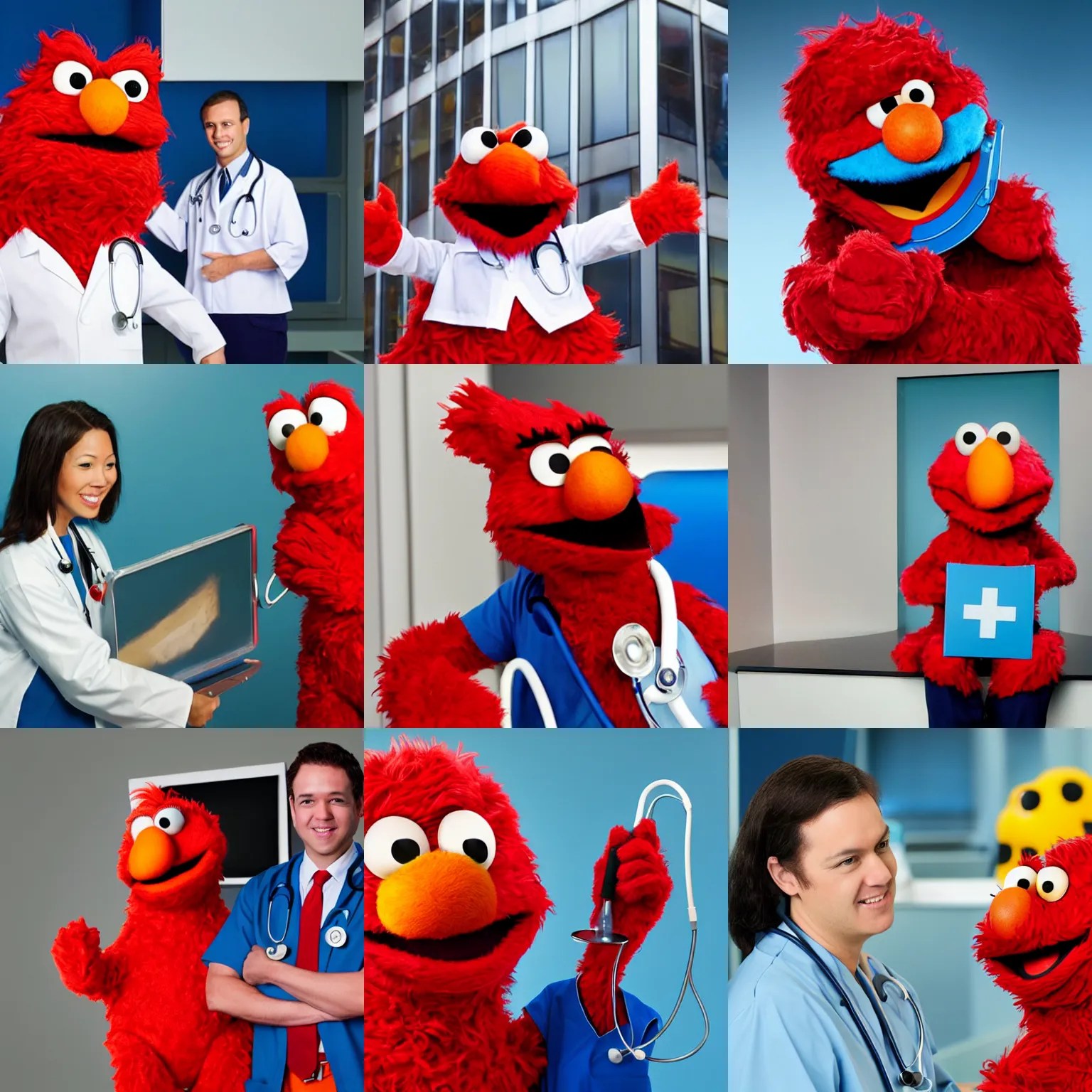 elmo as a doctor, hyper realistic corporate photograph Stable