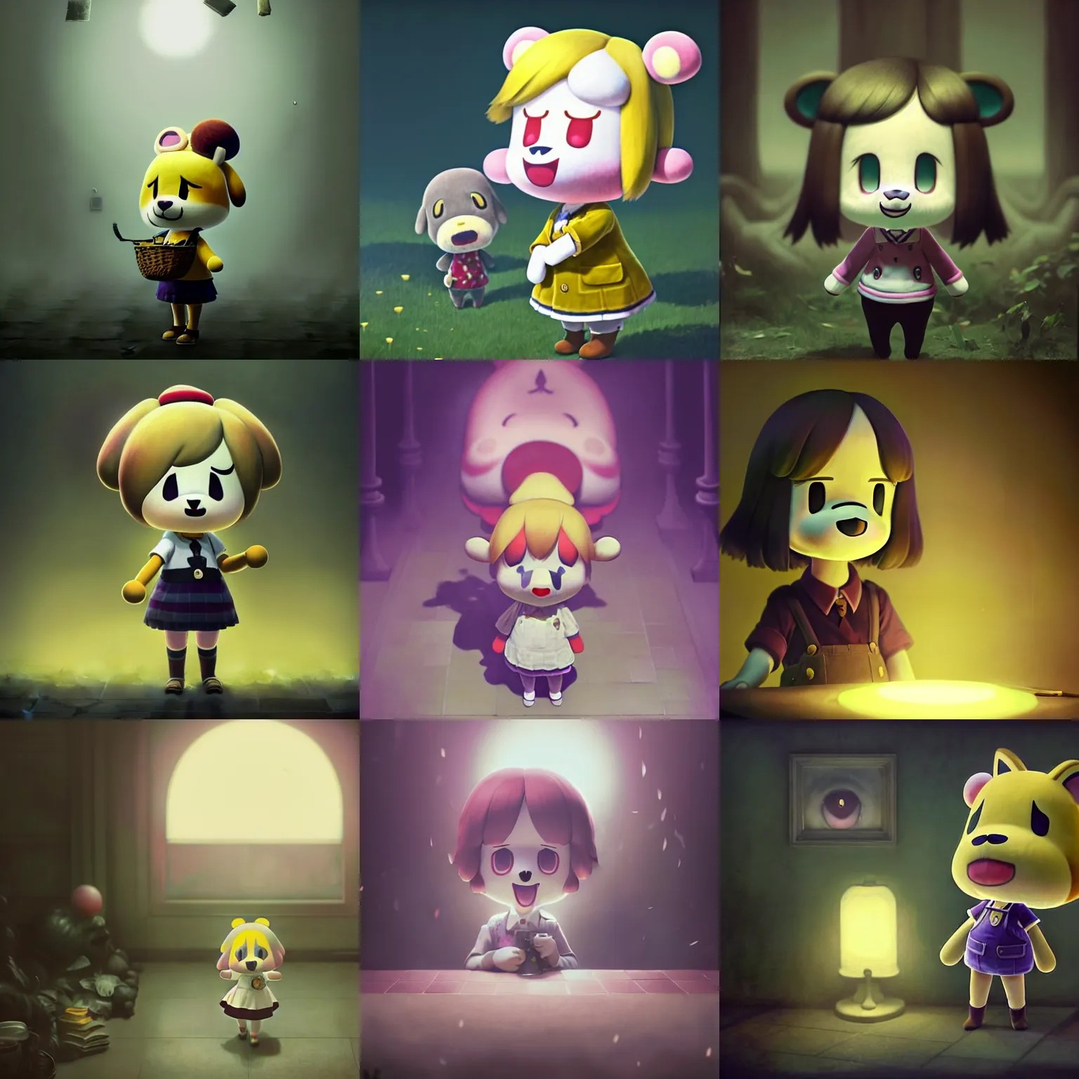 isabelle animal crossing, creepy, smiling, low light, Stable