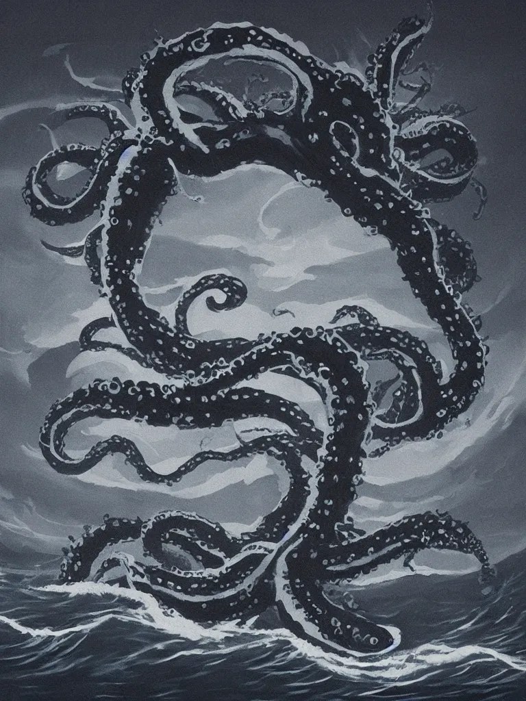 minimalist painting of a kraken hidden in the depths Stable Diffusion