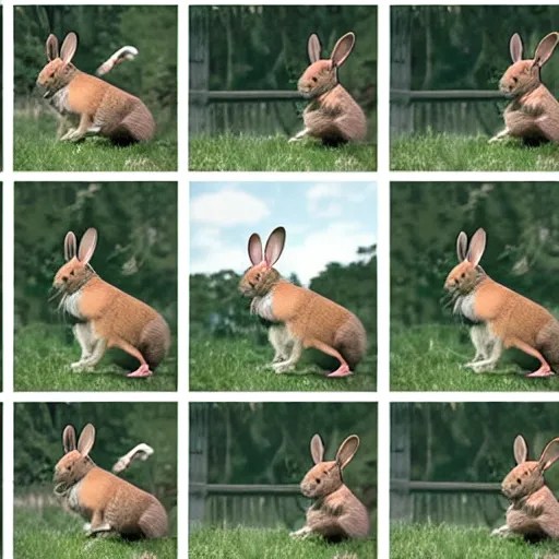 a rabbit jumping up over a fence, shown as a film Stable Diffusion