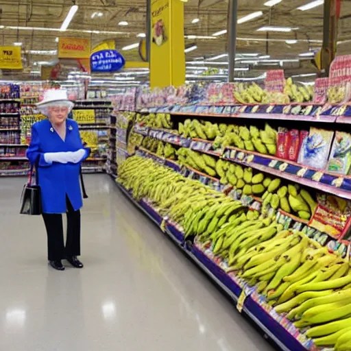 Queen Elizabeth shopping for bananas at WalMart Stable Diffusion