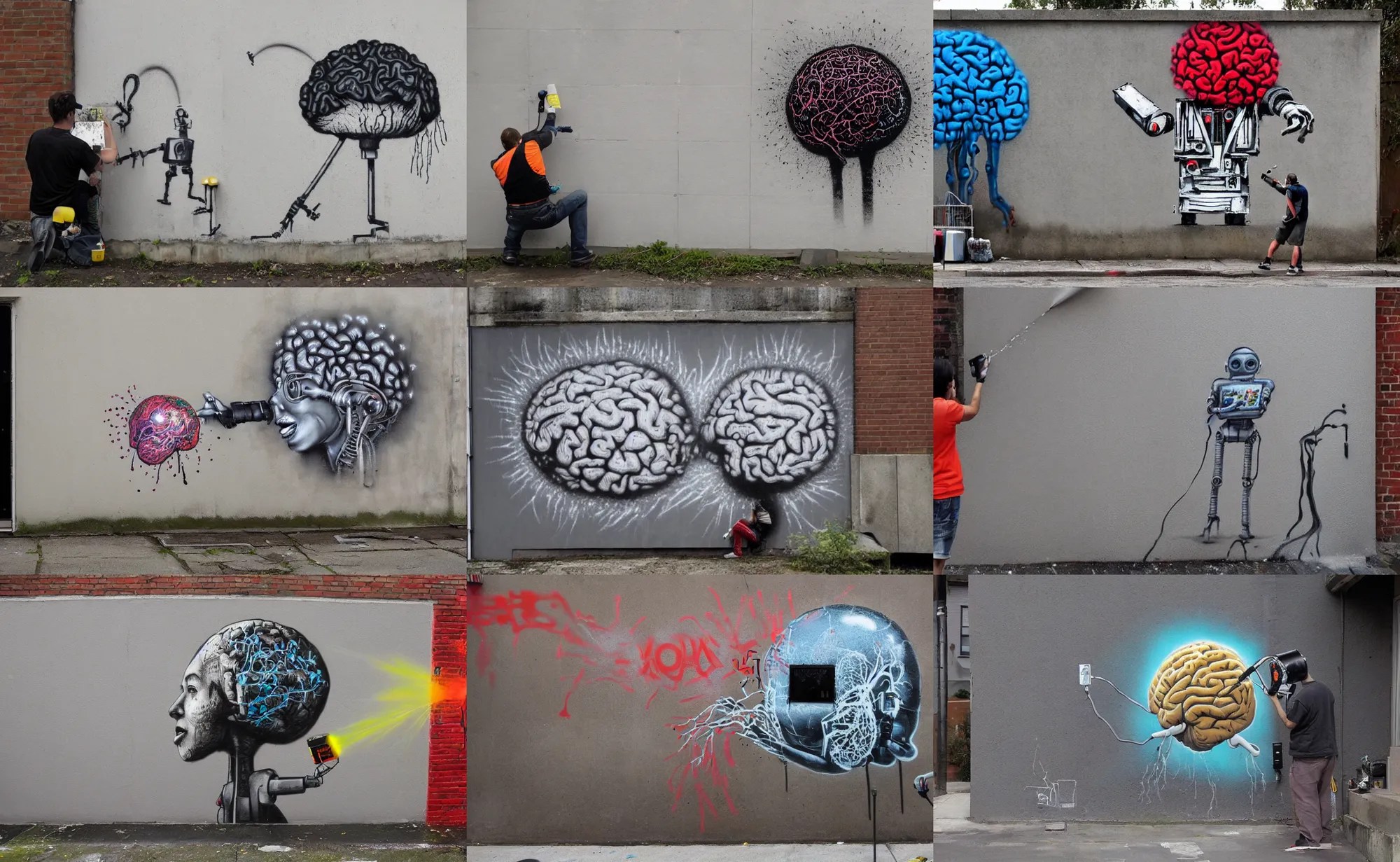 Street art of a robot spray painting a picture of a Stable Diffusion