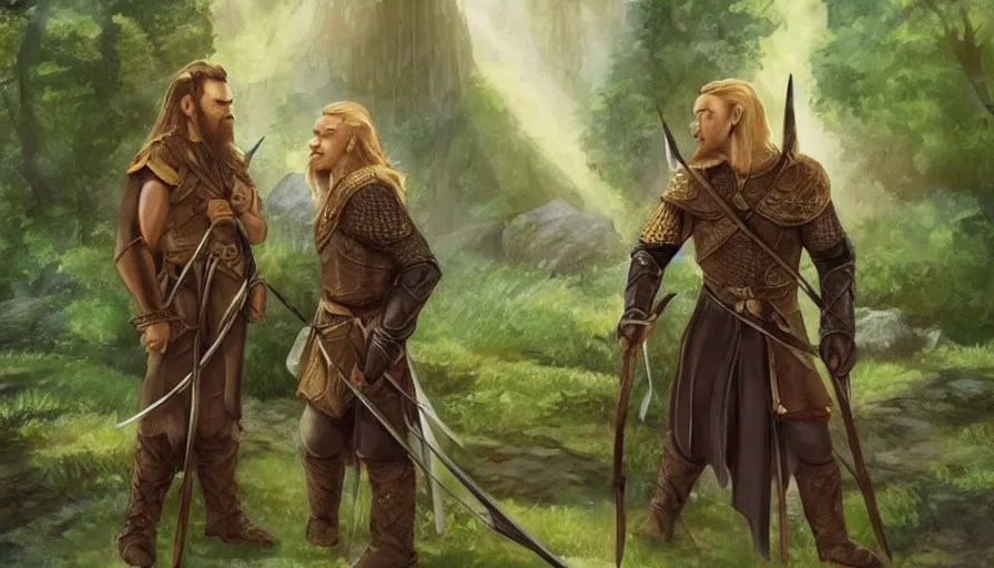 gimli and legolas in lothlorien, being friends, Stable Diffusion