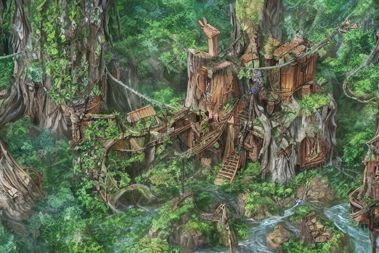 a concealed wood elf village suspended high up in the Stable Diffusion