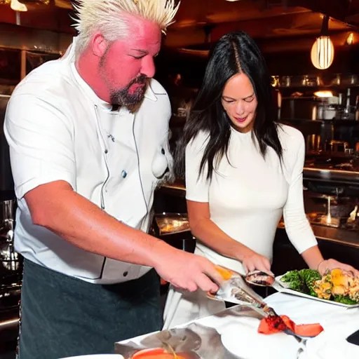 olivia munn and guy fieri cooking in a restaurant Stable Diffusion