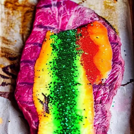 a prime unicorn steak. rainbow colored meat with Stable Diffusion