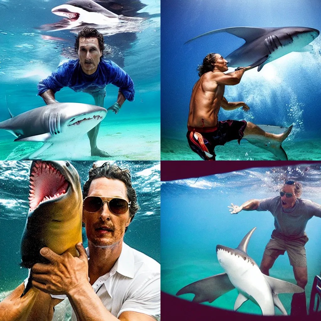 Matthew McConaughey punching a shark underwater, Stable Diffusion