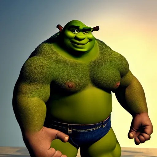 muscular shrek with short brown curly hair with bangs Stable Diffusion