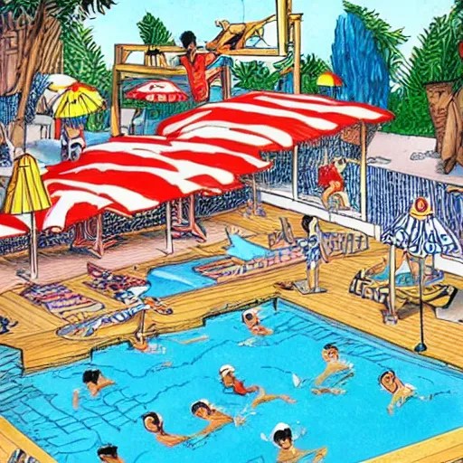 where's waldo book page highly detailed, swimming pool Stable