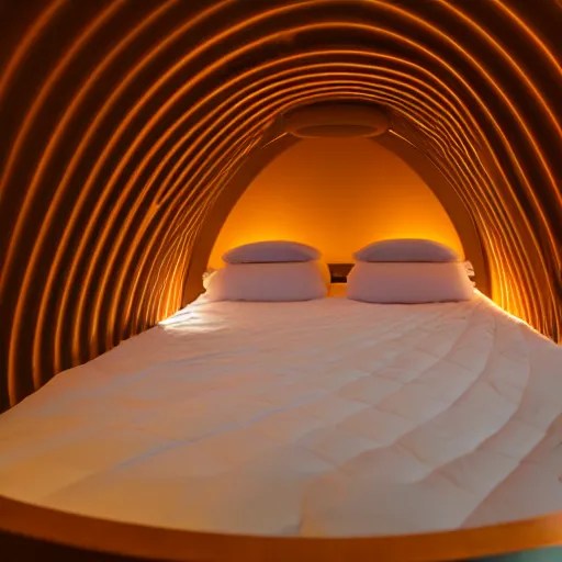inside cozy luxurious curved sleeppod with wall to Stable Diffusion
