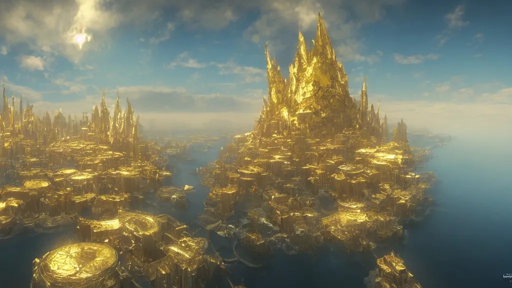 a golden city above the skies, on a floating island, Stable Diffusion