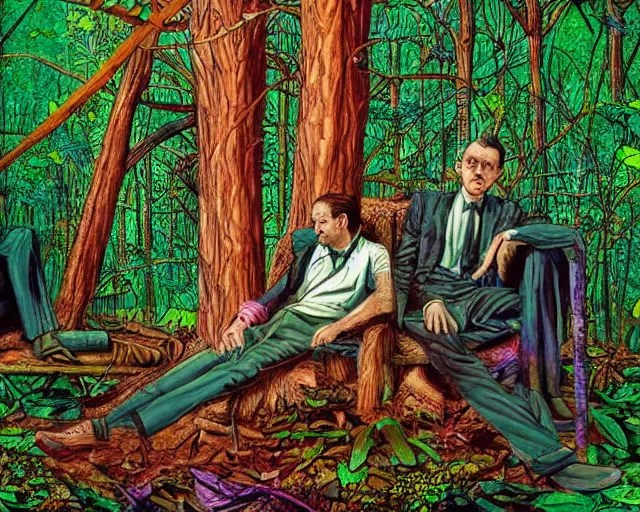 edgar cayce and aldous huxley in a forest, epic Stable Diffusion