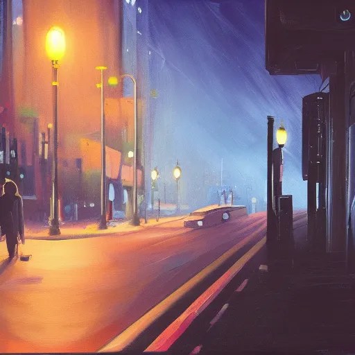 dark city bus stop, painting by Simon Stable Diffusion