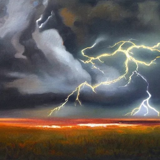 thunderstorm with lots of lightning, oil painting Stable Diffusion