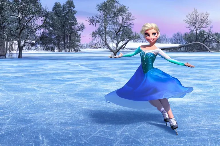 elsa ice skating on a frozen lake, ultra detailed, Stable Diffusion