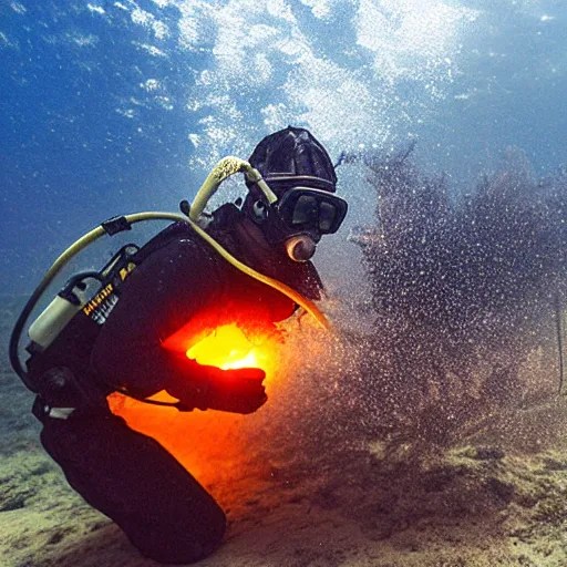fireman underwater putting out a fire Stable Diffusion