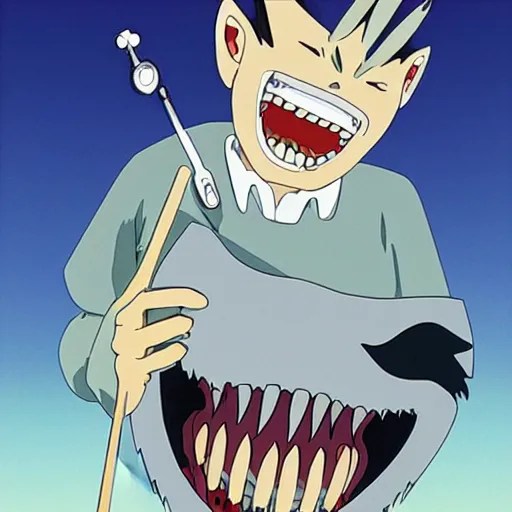 dentist with large, giant teeth, fangs, glass shards, Stable