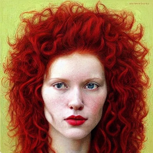 Redhaired woman with long curly red hair. Art by Stable Diffusion