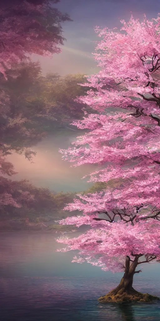 a single sakura tree growing upon an island in a lake, Stable Diffusion
