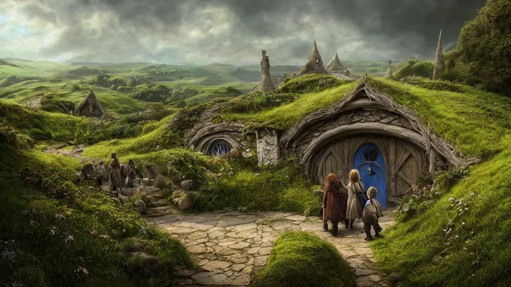 frodo returning to bag end at the end of his journey, Stable Diffusion