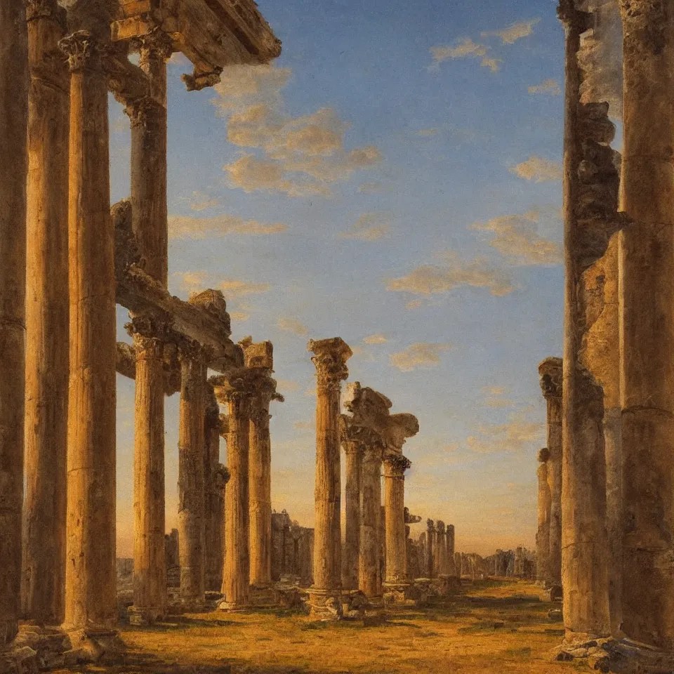 Roman columns and ruins at sunset, painted by Ippolito Stable Diffusion
