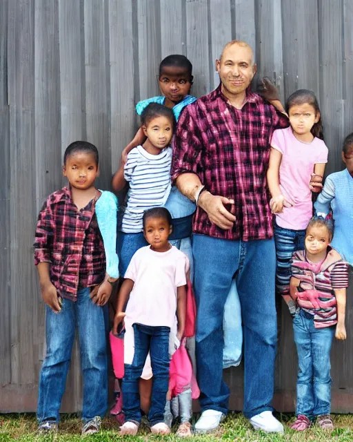 a man with five children protecting his pair of jeans Stable