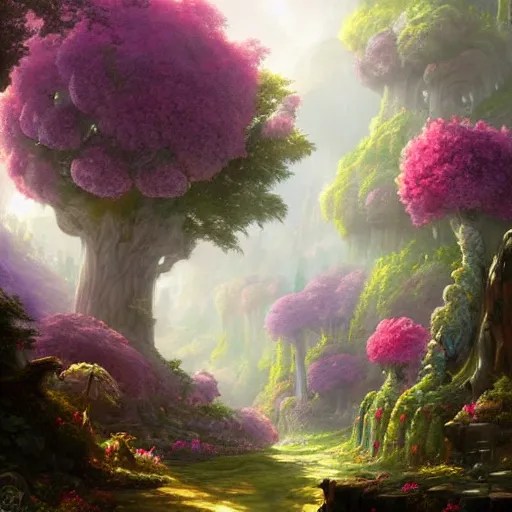a forest with giant flowers for trees, fantasy Stable Diffusion