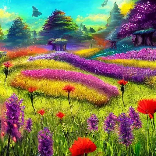 heaven meadow with colorful flowers and perlence Stable Diffusion