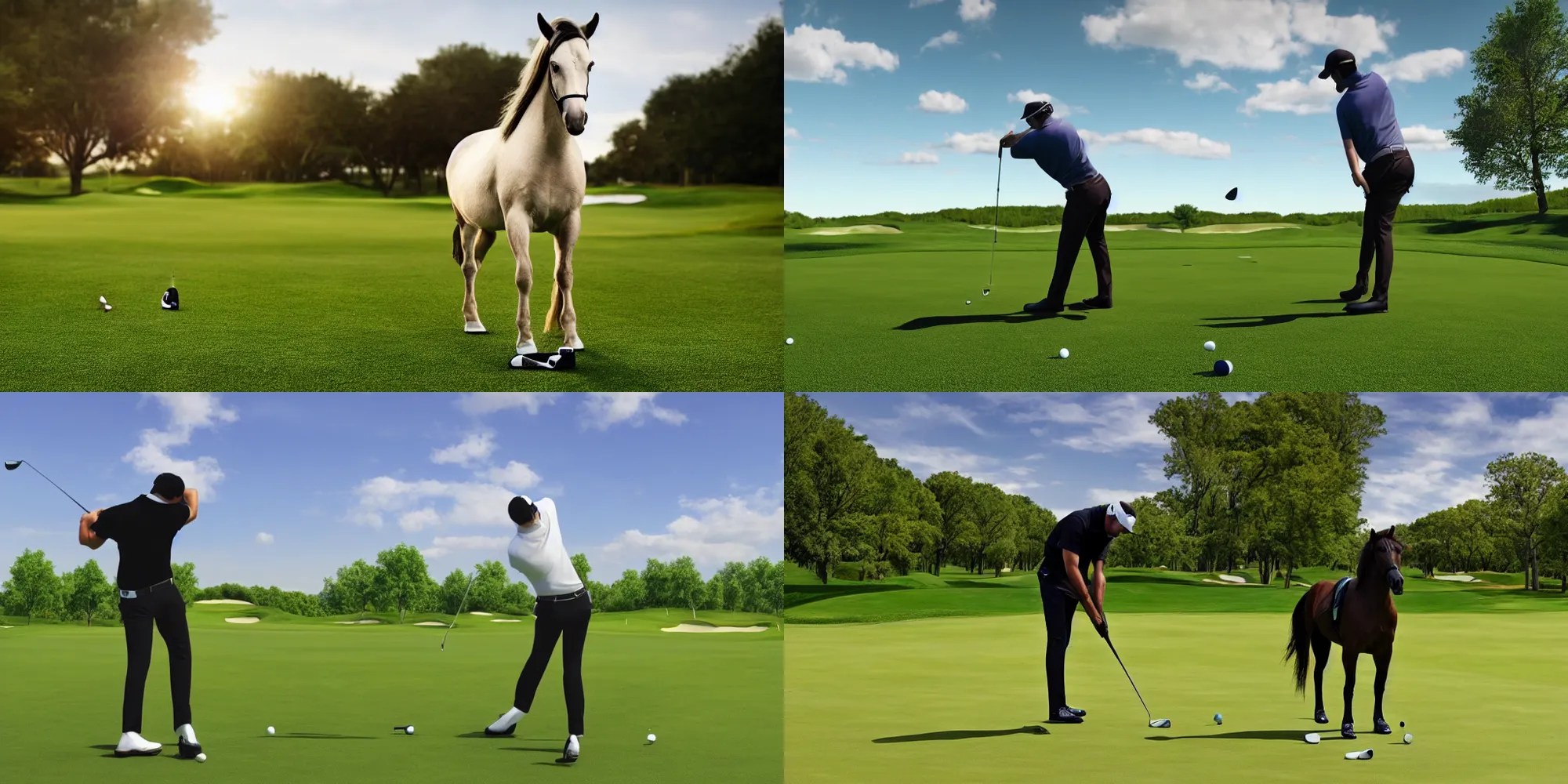 medium shot of a horse playing golf in the golf course Stable