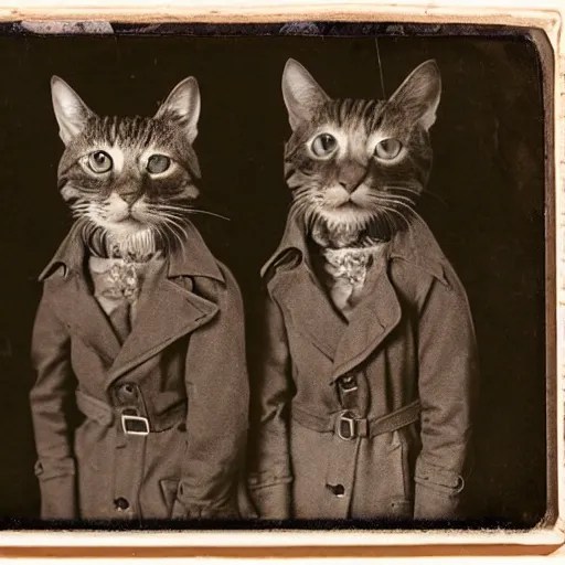 daguerreotype of 3 cats in a trench coat Stable Diffusion