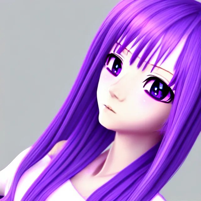 a 3 d anime girl with lavender hair, purple eyes and Stable Diffusion