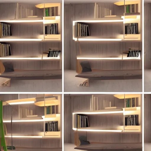 wooden bookshelves with led strip lights, homes and Stable Diffusion