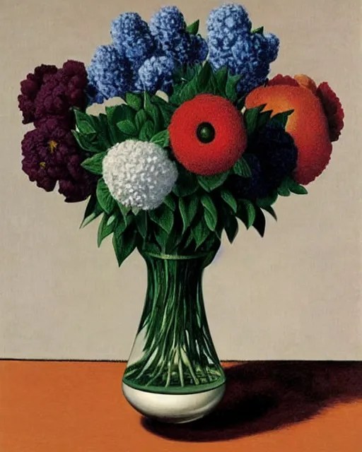 a vase of flowers by rene magritte, rene magritte, and Stable Diffusion