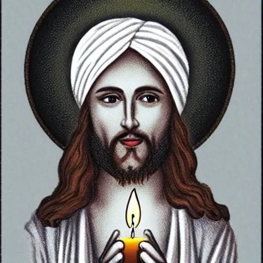 jesus wearing a turban holding a hebrew candle Stable Diffusion