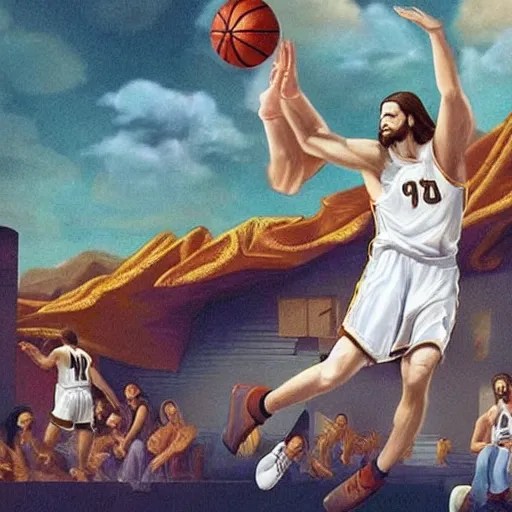 jesus playing basketball, hyper realistic, highly Stable Diffusion