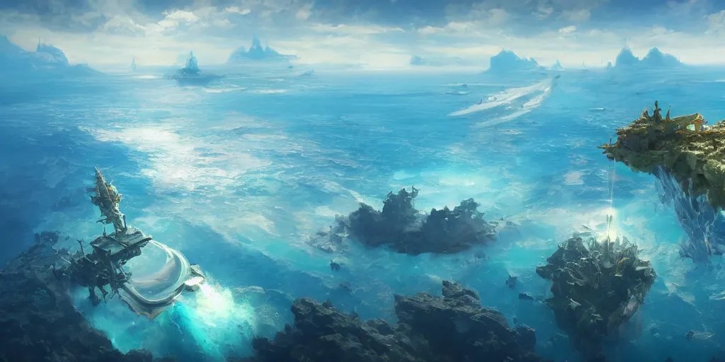 Floating fantasy island over a blue ocean, Darek Stable Diffusion