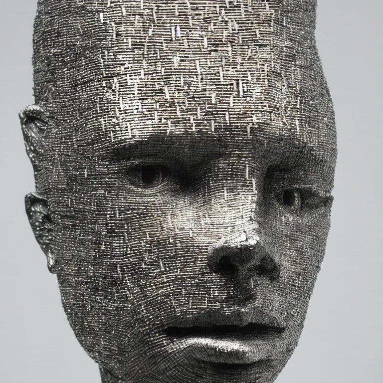 sculpture of a head made from stainless steel staples, Stable