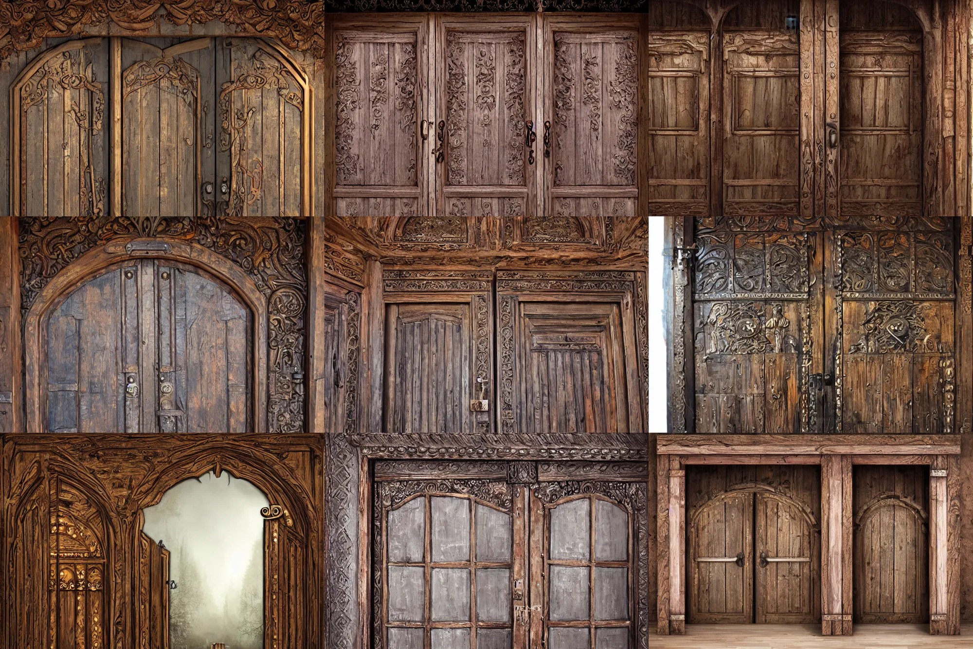 large rustic intricately decorated wooden double door, Stable Diffusion