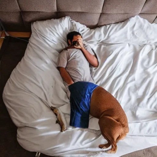 a human sleeping in a dog bed and a dog sleeping in a Stable