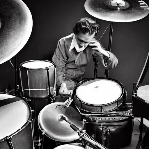 1940's musician playing drums, drumkit, drum sticks in Stable